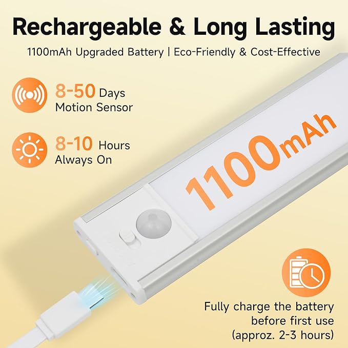 8 inch Under Cabinet Lighting, 1100mAh Rechargeable Motion Sensor Light with 3 Color Temps, Dimmable USB-C Closet Light, Magnetic LED Under Counter Lights for Kitchen, Closet, Pantry