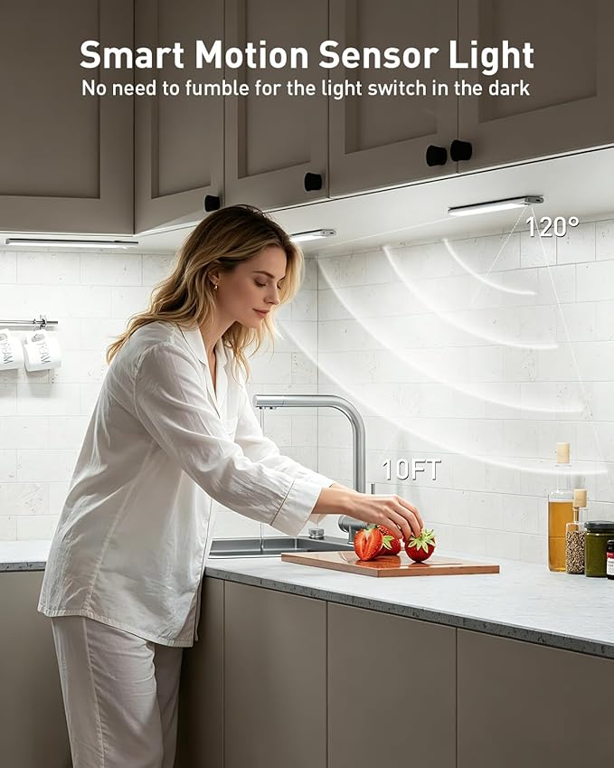 Under Cabinet Lighting,80-LED Rechargeable Motion Sensor Light Indoor, 12 Inch Closet Lights Wireless, Dimmable & 3 Color Temps Stick on Under Counter Lights for Kitchen Closet Stair Bedroom