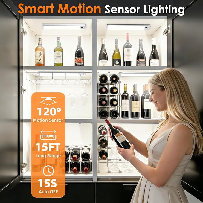 RUIKORING 8.5" Under Cabinet Lighting 6 Pack, 3 Colors, Motion Sensor Light Indoor,48 LED Rechargeable Closet Lights, Dimmable Under Counter Lights, Stick-On Magnetic Cabinet Night Lights for Kitchen