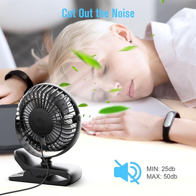 HONYIN 720° Rotation Small Desk & Clip on Fan with Sturdy Clamp, 3 Speeds, Quiet Little Personal Cooling Fan by USB Plug In, for Bedroom Office Desktop Treadmill