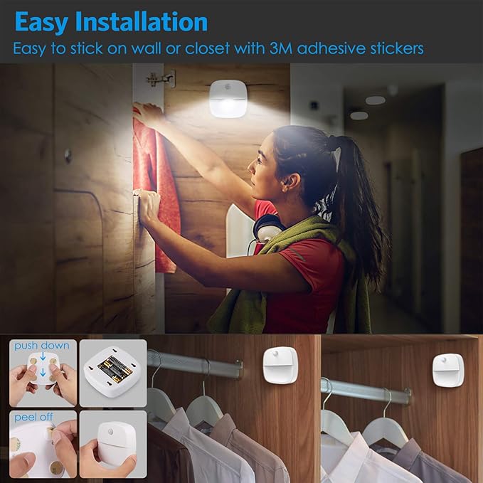 AMIR Motion Sensor Light Indoor, Upgraded Battery-Powered LED Night Light with PIR Technology for Bathroom, Kitchen, Stairs, Under Cabinet, Closet, Stick on Anywhere Hallway Lamp (White, 6-Pack)
