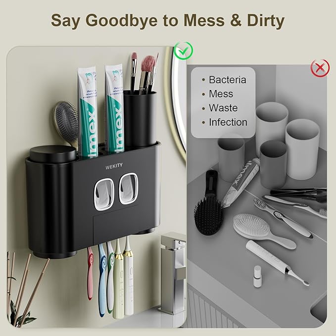 Toothbrush Holder Multi-Function Wall-Mounted, Automatic Toothpaste Dispenser & Dust-Proof Toothbrush Holder with 5 Brush Slots 4 Cups 2 Automatic Toothpaste Dispensers 1 Storage Slot (Black)