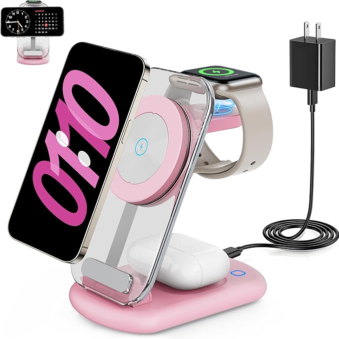 RYND 2026 Travel Wireless Fast Charging Station,Magnetic 3 in 1 Charger with Light for iPhone16 15 14 13 12 Pro Max Plus,Apple Watch Series & Air pods 4 3 2 Pro-Gifts for Wife & Husband(Pink)