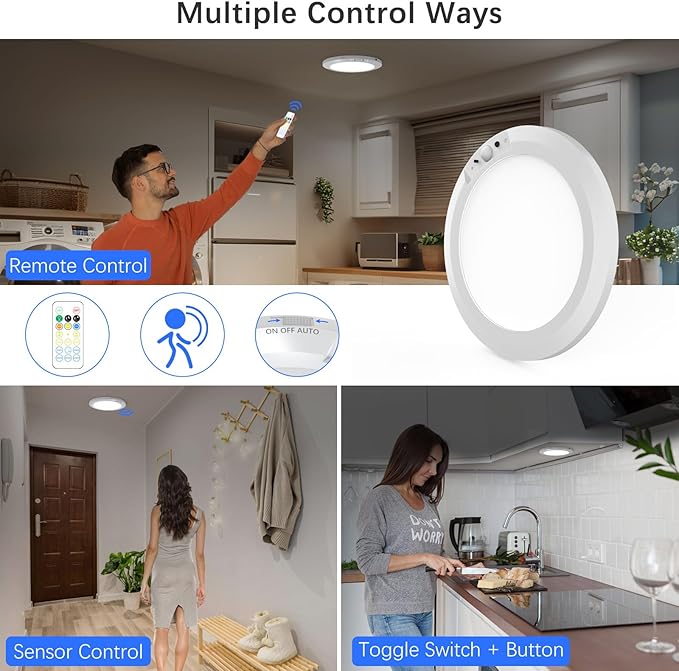 Koopala Battery Operated LED Ceiling Lights Fixture with Auto Motion Sensor, Body Sensor Ceiling-Mounted Lamps with 3 Colors/Brightness, Motion Detection Magnetic Flush Ceiling Light for Closet Shower
