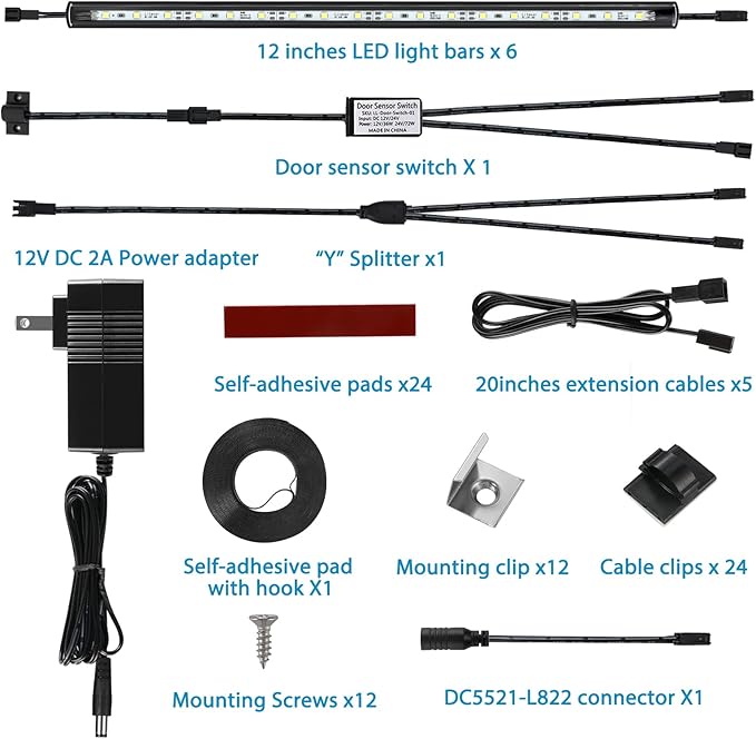 Litever LED Safe Lighting Kit. Door Control Activated. 6 pcs Slim 12 inch Light Bars. Linkable Extendable Plug-in for Gun Safe, Closet, Showcase, in-Cabinet Under Counter Pantry. Daylight 5000K