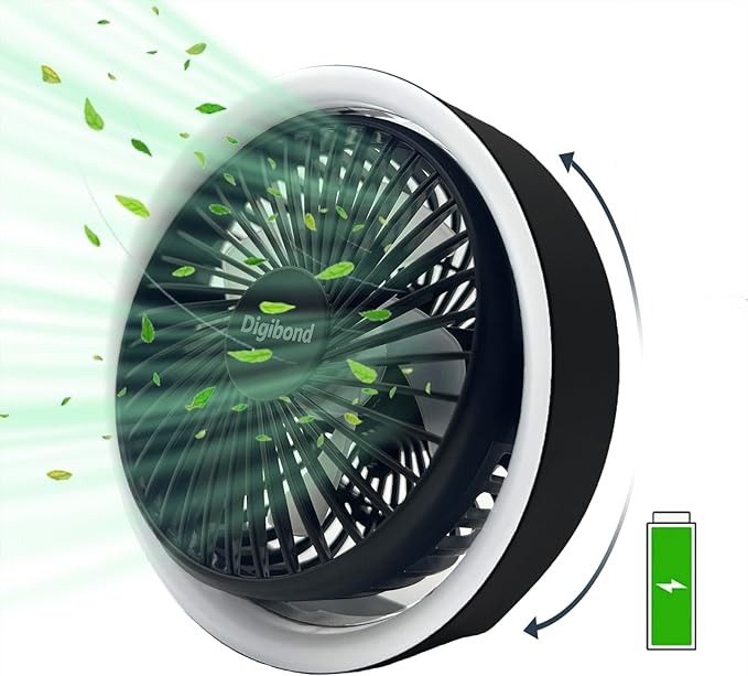 Digibond Small Fan, High Power Silent Desk Fan Portable USB Fan 3000mAh Rechargeable Battery Powered, 3 Speed 5.3in with Night Light/Hook,180°Rotated Easy Clean (Black)