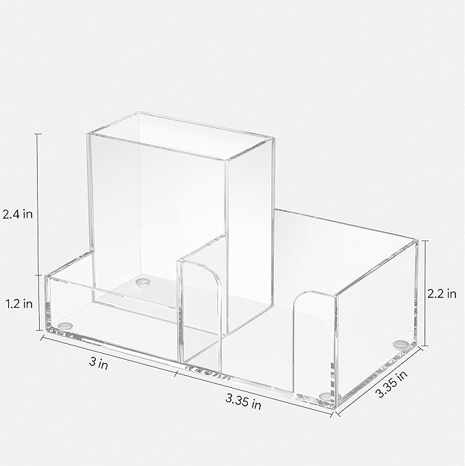 HBlife Acrylic Pen Holder for Desk, 3-Compartment Small Desk Organizer, Clear Office Supplies Desk Accessories with Sticky Notes Holder Stores Post It Notes 3X3 for Office, Home and School