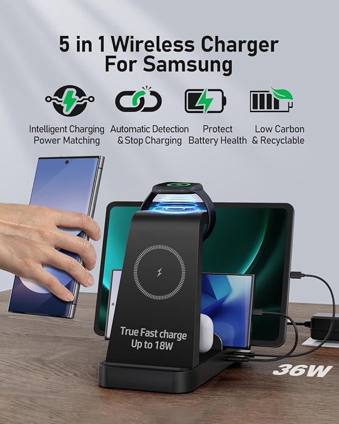 Wireless Charger Station for Samsung Galaxy Watch, 5 in 1 Fast Charging Dock Compatible with Galaxy Watch Ultra 8 7 6 5, Galaxy S Series, Galaxy Buds, Multi Device Wireless Charger Stand Black