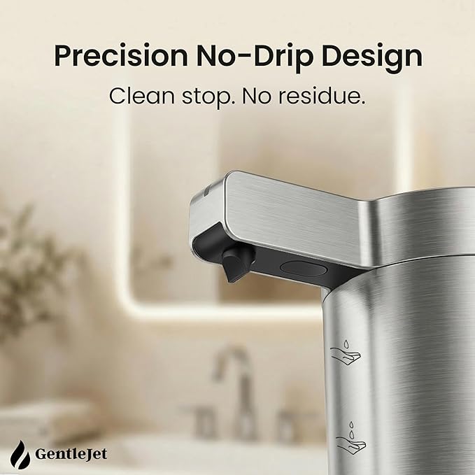 GentleJet SmoothDrop Automatic Liquid Soap Dispenser Touchless, No-Drip Precision Pump, USB-C Rechargeable, 304 Stainless Steel, Waterproof Countertop Dispenser for Kitchen & Bathroom Sink, 270 ml
