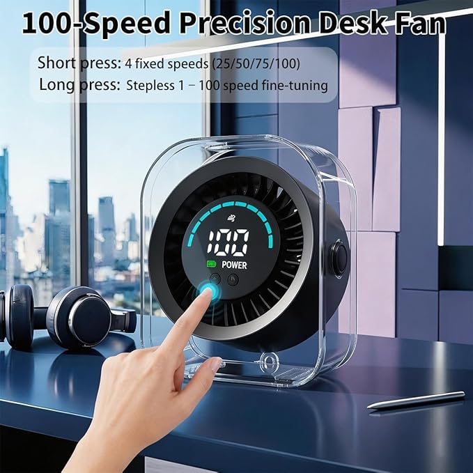 Small Desk Fan, Quiet Desktop Fan with Turbo Airflow, Rechargeable Mini Table Fan 100 Speed Wind Adjustable, Travel Fan for Sleeping 360° Rotating, Portable battery operated fan for Office Home Travel