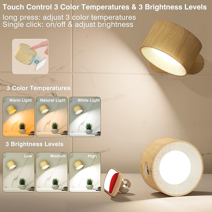Deyagoo LED Wall Sconce, Wall Mounted Lamp with Rechargeable Battery Operated USB Port 3 Color Temperature & 3 Brightness Level 360°Rotate Magnetic Ball, Cordless Light for Reading Bedside-Wood
