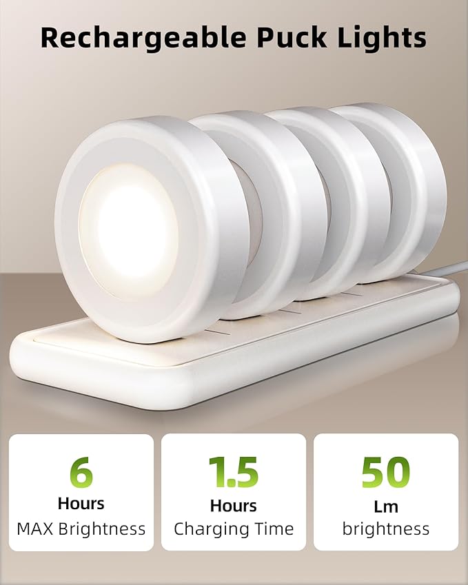 EZVALO LED Puck Lights with Charging Station, Rechargeable Stick On Tap Lights, Wireless Closet Light, 3 Color Temps, Under Cabinet Lights, 2.5'' Mini Touch Light for Kitchen,Pantry,Shelves(4 Pack)