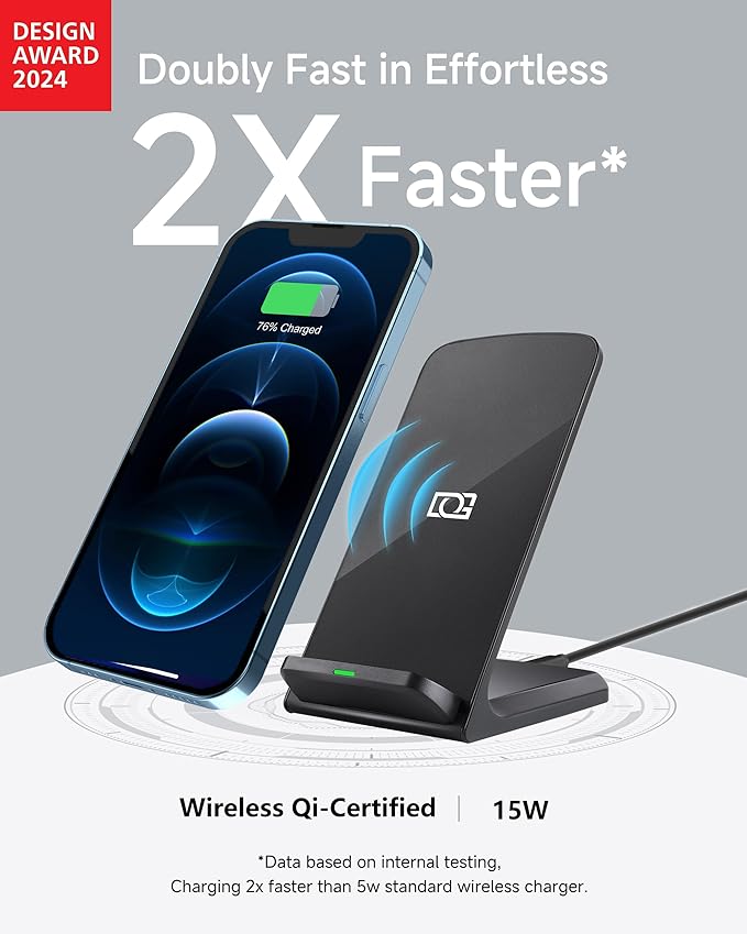 Wireless Phone Charger, 15W Fast Qi Wireless Charge Stand for iPhone 17 Pro Max 16 15 14 13 12 Plus 11 Samsung Galaxy S26 Ultra Z Note Pixel 10 (Classic Black)