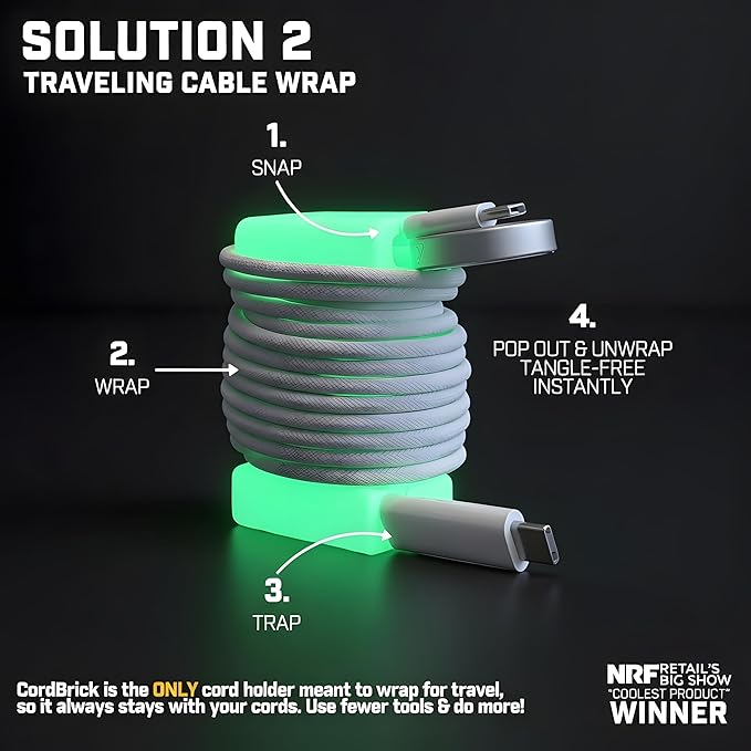 CordBrick 6PK Glowing Silicone + Steel Weighted Cable Holders for Nighstands, Cord Wraps for Travel, Unique iPhone Accessories. Small Graduation Gift for High Schoolers. Gadget for Teens. Pink Glow