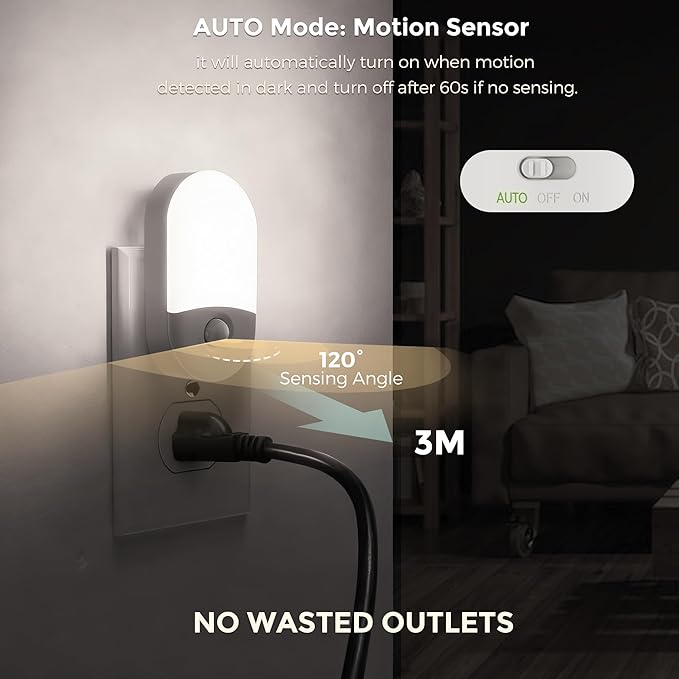 L LOHAS LED Motion Sensor Night Light, 4Pack, Motion Activated Night Light, Night Lights Plug into Wall, 3CCT Amber/3000K/5000K, Adjustable Brightness 30/60LM, for Kids Adults Bathroom Bedroom
