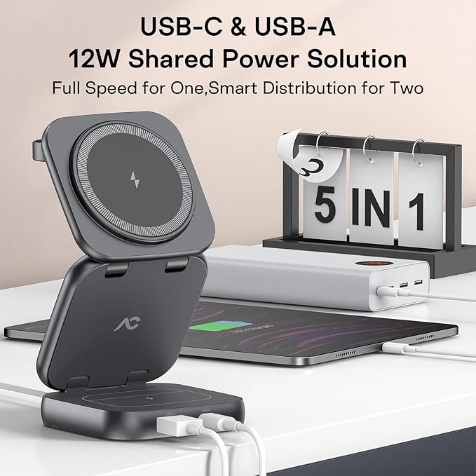 5-in-1 Wireless Charger for MagSafe, AC ISLAND Portable Travel Charging Station, 35W Max Qi2 Fast Foldable Magnetic Stand, Evolved for iPhone 17-12 Series, Apple Watch, AirPods (with 35W Adapter)