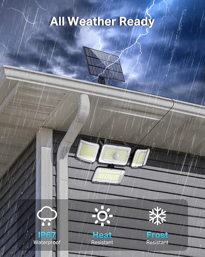 CLAONER Solar Outdoor Lights Motion Sensor 3500LM 288 LED Solar Security Lights with Remote Control IP67 Waterproof 4 Heads Flood Lights with 16.4ft Cable 4 Modes Wall Lights(4 Pack)