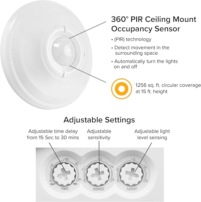 Maxxima Ceiling Mount 360 Degree PIR Occupancy Sensor - Hard-Wired Motion Sensor, LED Compatible, Commercial or Residential Automatic Sensing Solution for Indoor Use at Max Height 15ft, 120-277V
