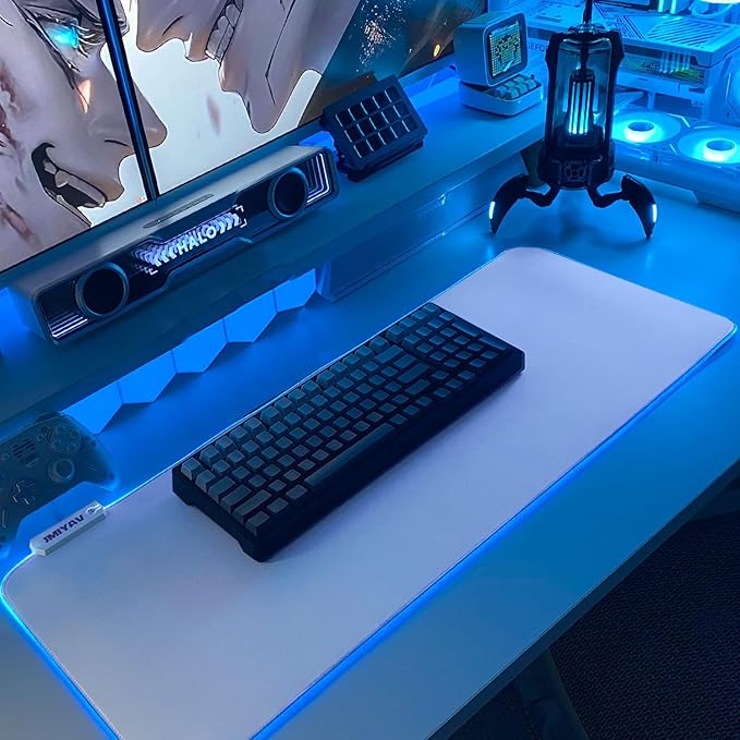JMIYAV White Gaming Mouse Pad RGB Mousepad Non-Slip Rubber Base Extra Large Cool XL XXL Computer Desk Pad Gaming Accessories LED Light Up Extended Big Mouse Pad for Gamer White 31.5x12in Uw3-10