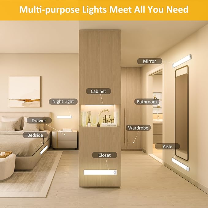 Motion Sensor Under Cabinet Lights, Magnetic Rechargeable Under Counter Closet Light, Wireless Night Light Bar Stick-On, 3-Pack, Warm White