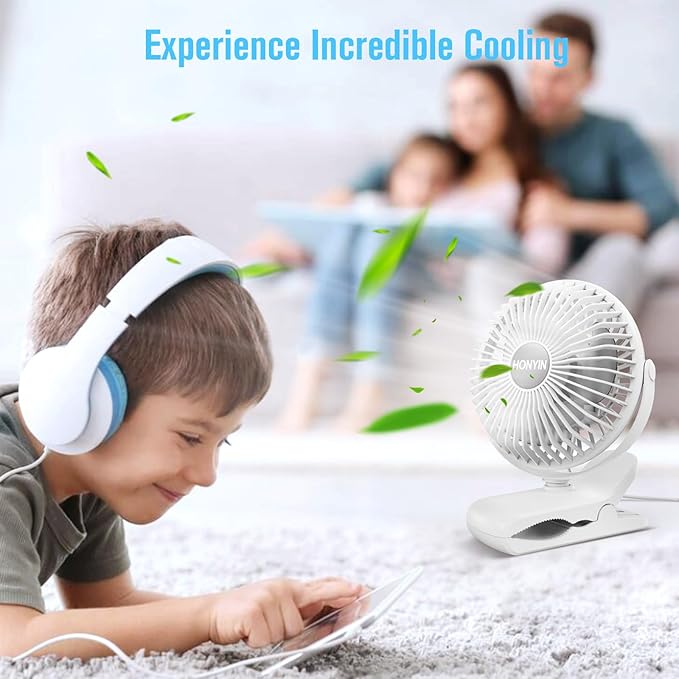 HONYIN 720° Rotation Small Desk & Clip on Fan with Sturdy Clamp, 3 Speeds, Quiet Little Personal Cooling Fan by USB Plug In, for Bedroom Office Desktop Treadmill