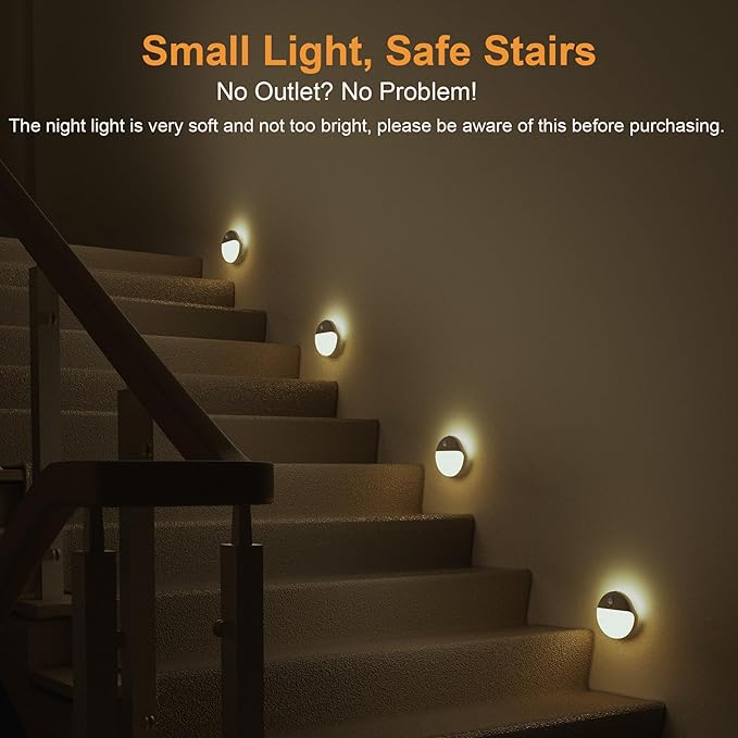YUNLEX 2 Pack Motion Sensor Night Light, Gold Yellow, 3 Lighting Modes, Stepless Dimming, Battery-Powered, Dimmable LED, Suitable for Bedroom, Bathroom, Stairs, Corridors, Closets