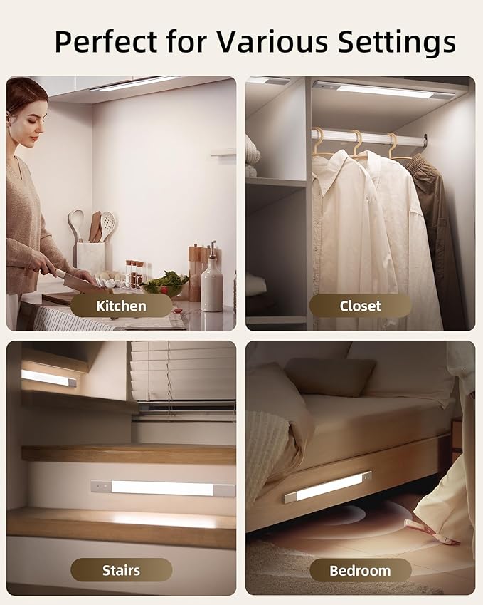 EZVALO Under Cabinet Lighting, Motion Sensor Closet Lights with Extra Detachable Battery, 76 LEDs Dimmable, 3 Color Temps, Under Counter Lights for Kitchen, Wardrobe