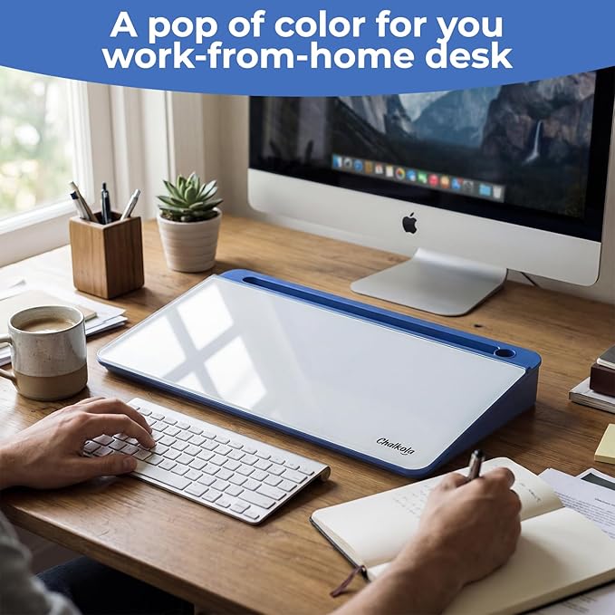 Chalkola Blue Glass Desktop Whiteboard with Storage - Dry Erase Board, Work Desk Organizers, Computer Keyboard Stand, Home Office Desk Accessories, Workspace Desktop Buddy