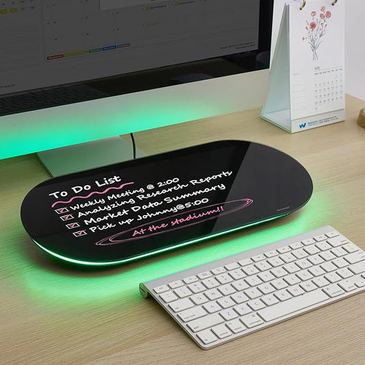 TSJ OFFICE Glass Desktop Whiteboard - 17 X 7 Inches Small Dry Erase Board with Green Light, Black Glass White Board Surface Notepad with 1 Drawer, Desk Organizers for Office, Home, School Supplies