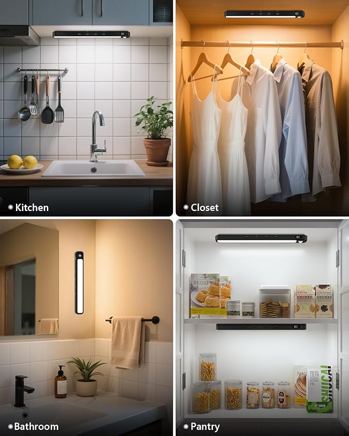 WILLED Under Cabinet & Closet Lights with Remote, Motion Sensor, Rechargeable, Magnetic, 3 Color Temps, Dimmable LED Light Bar for Indoor Kitchen Counter (4 Pack, Black)