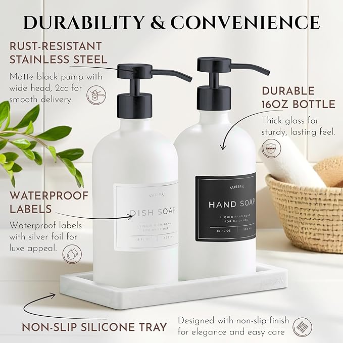 Glass Soap Dispenser Set of 2 (White) with Silicone Tray | Hand and Dish Soap Dispenser for Kitchen and Bathroom | 16.8 Oz Glass Bottles with Stainless Steel Pump & 15 Waterproof Labels (White/Black)