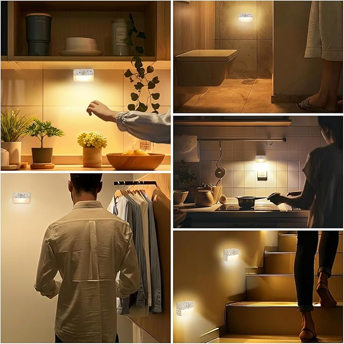 Guankai 8 Pack Motion Sensor Stair Light for Indoor, Battery Operated Closet Lights, Wireless Stick on Anywhere Hallway Lamp, Portable Led Night Lamps for Bedroom Under Cabinet Kitchen, Terrazzo White