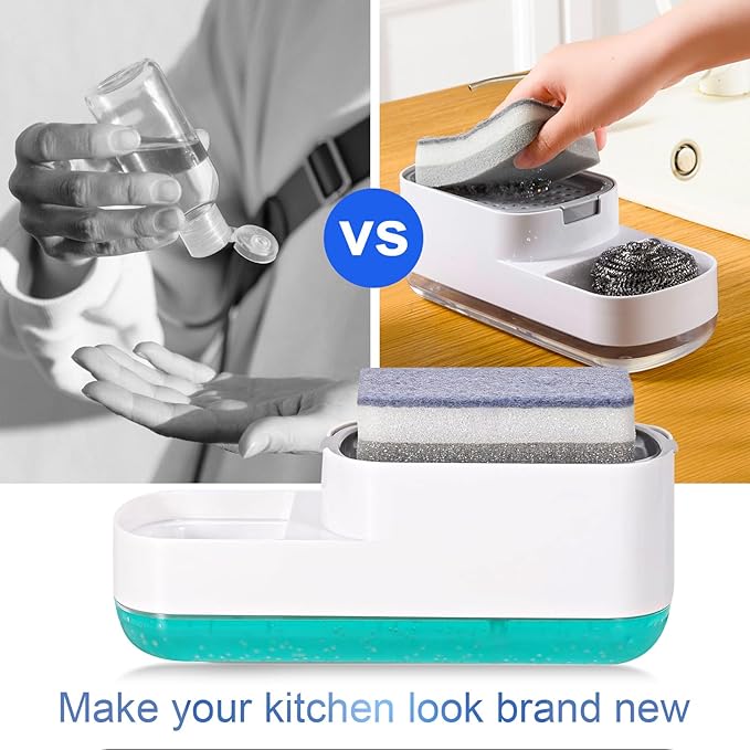 Dish Soap Dispenser for Kitchen Sink with Sponge Holder 3 in 1 Easy Refill Dish Soap Dispenser with Sponge Holder 20 Ounces Sponge Soap Dispenser- White