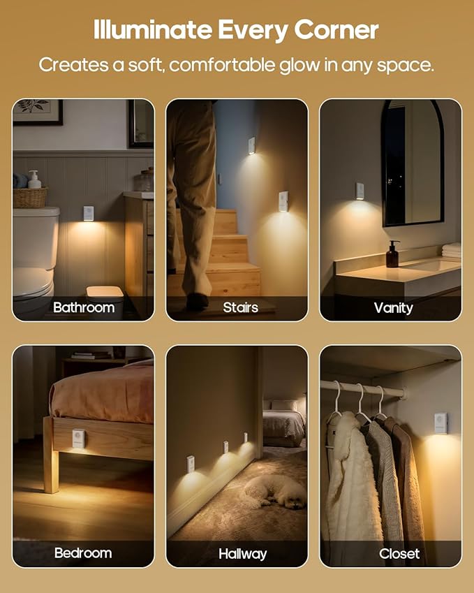 Rechargeable Battery Night Light with Motion Sensor, Wireless, Magnetic & Dimmable Stair Light, Portable Mini 3000K Warm White Stick-on Indoor Night Light for Bathroom, Hallway, Toilet, Bedroom, Stair
