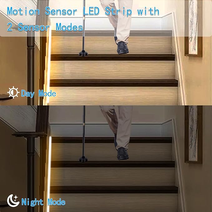 echosari Battery Operated Motion Sensor Cabinet Strip Lights, 9.8Ft 90 LED Under Cabinet Lights, Motion & Night Sensor Safe Tape Light for Stairs Wardrobe Kitchen (Warm White)