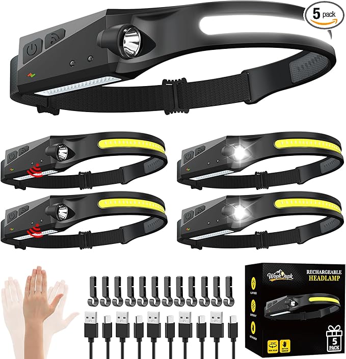 WopkDupk Rechargeable Headlamp 5PCS, 230° Wide Beam Head Lamp, Motion Sensor LED Headlamp Flashlight, 5Mode Headlamps for Adults, Bright Head Lights for Forehead, Hard Hat Headlight