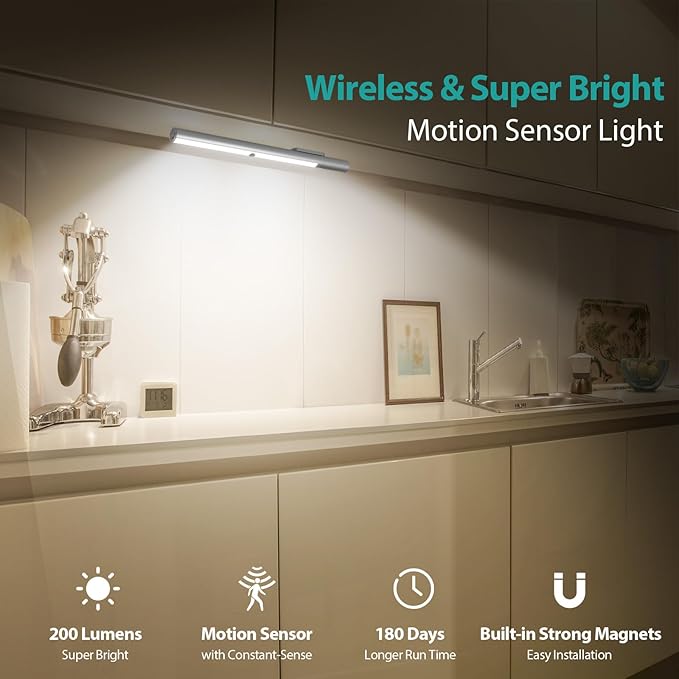 Alivation LED Under Cabinet Lighting with Motion Sensor & Rechargeable 4500 mah Battery Powered Light, Stick on Lights for Kitchen Counter/Closet/Stairs,Adjustable Brightness, 4000K Warm White (2Pack)