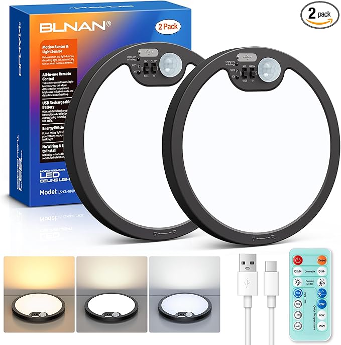 BLNAN Rechargeable Shower Light Indoor, 7000mAh Motion Sensor Wireless Ceiling Light with Remote, Battery Operated Ceiling Light, LED Overhead Lighting for Pantry Bathroom 2 Pack