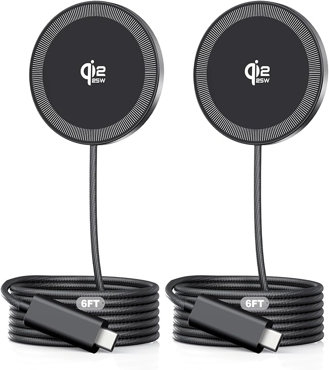 2Pack Magnetic Wireless Charger 25W Fast Charger for iPhone 17/16/15/14/13/12 Series & AirPods, Portable Wireless Charging Pad for Travel Home Office Desk, 6.6FT-Black