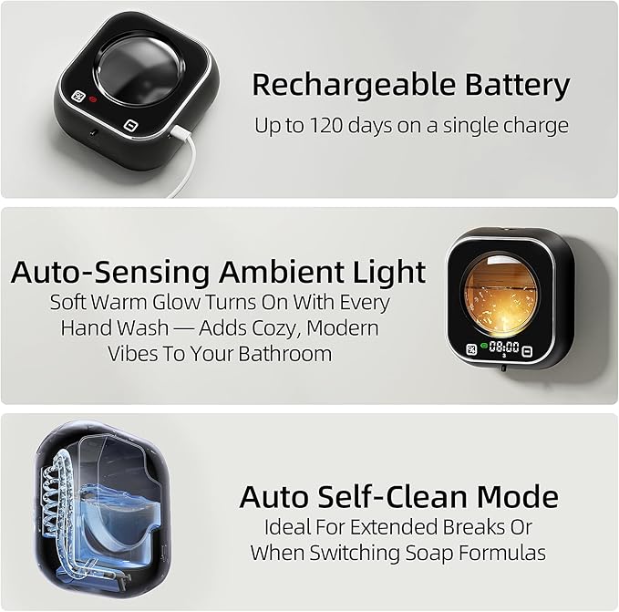 Automatic Foaming Soap Dispenser, Wall Mounted Soap Dispenser, 320ML Electric Smart Touchless Rechargeable, 5 Adjustable Foam Levels, No-Drill Waterproof for Bathroom, Kitchen, Office (Black)