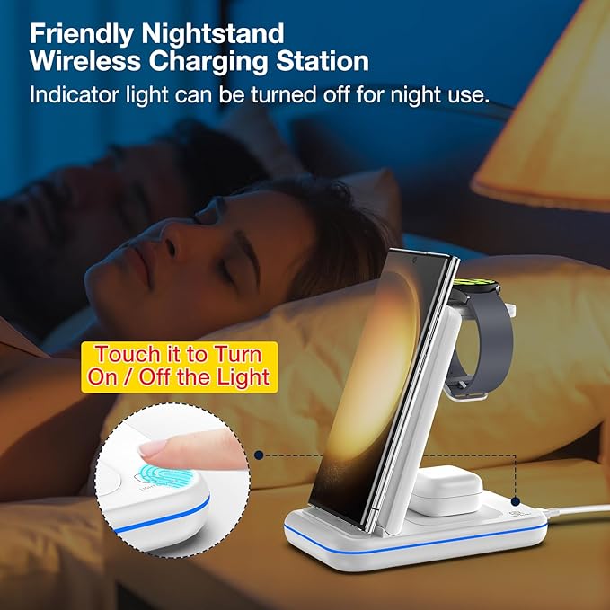 Wireless Charger for Samsung/Android, HOLYJOY Foldable 3 in 1 Fast Charging Station/Stand/Multi Charger for Samsung S25 Ultra/S24/Note 20,Travel Pad for Galaxy Watch 8/7/6/5/4/Active 2,For Buds(Ivory)