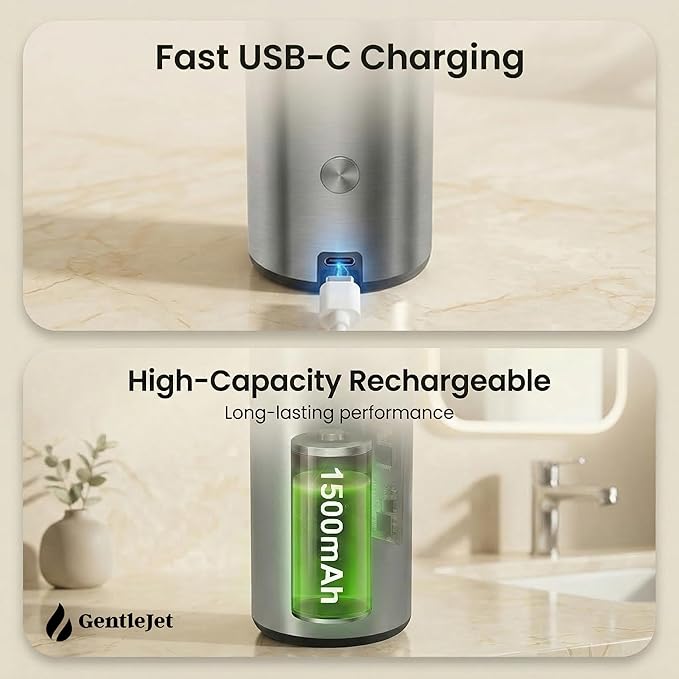 GentleJet SmoothDrop Automatic Liquid Soap Dispenser Touchless, No-Drip Precision Pump, USB-C Rechargeable, 304 Stainless Steel, Waterproof Countertop Dispenser for Kitchen & Bathroom Sink, 270 ml