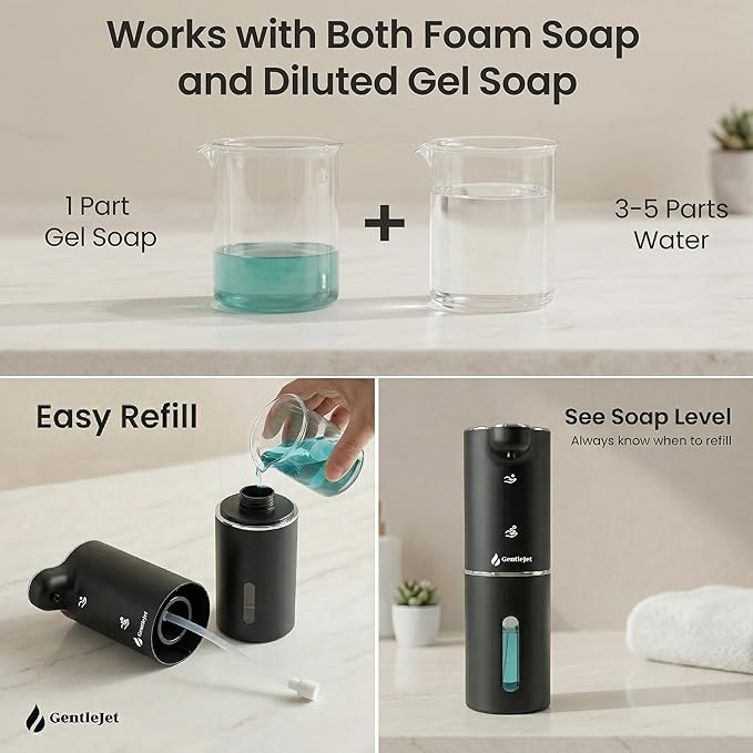GentleJet JetFoam Automatic Foam Soap Dispenser Touchless Sensor, USB-C Rechargeable, Adjustable Output, IPX5 Waterproof, 300 ml, Bathroom & Kitchen Countertop
