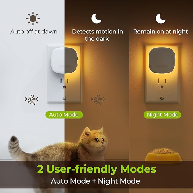 AUVON Plug-in LED Backlit Night Light with Motion Sensor & Dusk to Dawn Sensor, Dimmable Amber Nightlight with 1-50 lm Adjustable Brightness for Bathroom, Bedroom, Hallway, Stairs (2 Pack)