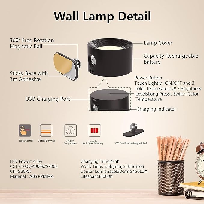 Deyagoo LED Wall Sconce, Wall Mounted Lamp with Rechargeable Battery Operated 3 Color Temperature & 3 Brightness Level 360°Rotate Magnetic Ball, Cordless Wall Light for Reading Bedside-White