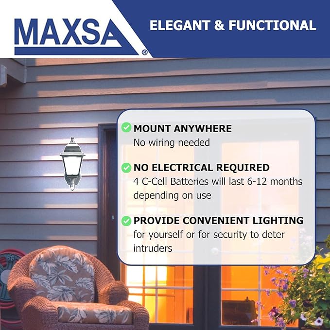 Maxsa 43319 Premium Battery-Powered Motion-Activated Decorative Outdoor Warm White LED Wall Sconce Lighting Fixture, Metal Housing, Black