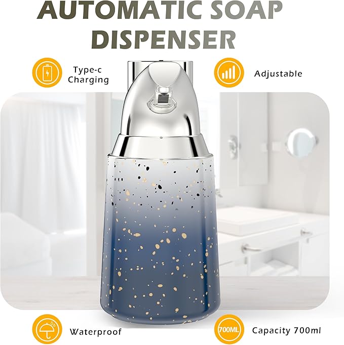 Adjustable Automatic Soap Dispenser Touchless, Ceramic Material，4 Adjustable Levels， Type-c Rechargeable Operated Sensor Liquid Soap Pump，Touch-Free Hand Sanitizer Dispenser (Starry Silver)