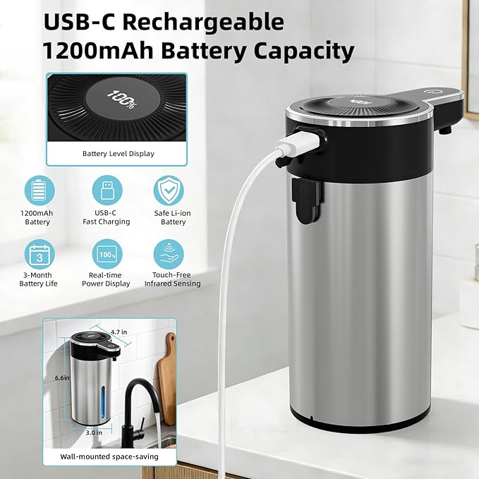 Touchless Automatic Liquid Soap Dispenser for Kitchen, Rechargeable, 13.5oz Large Capacity, Fast Sensor, 4 Adjustable Liquid Levels, Waterproof, Clog-Free Pump(Stainless Steel Liquid)