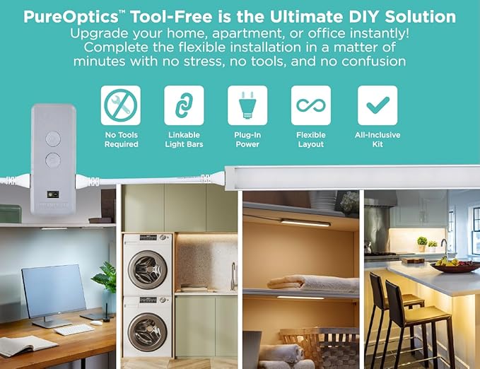 PureOptics LED Under Cabinet Lighting Kit, Motion Sensor, Dimmable, Linkable, 3 Color Settings, Tool-Free, for Kitchen, Pantry, Cabinets, Closets, Office (6) 9" Bars
