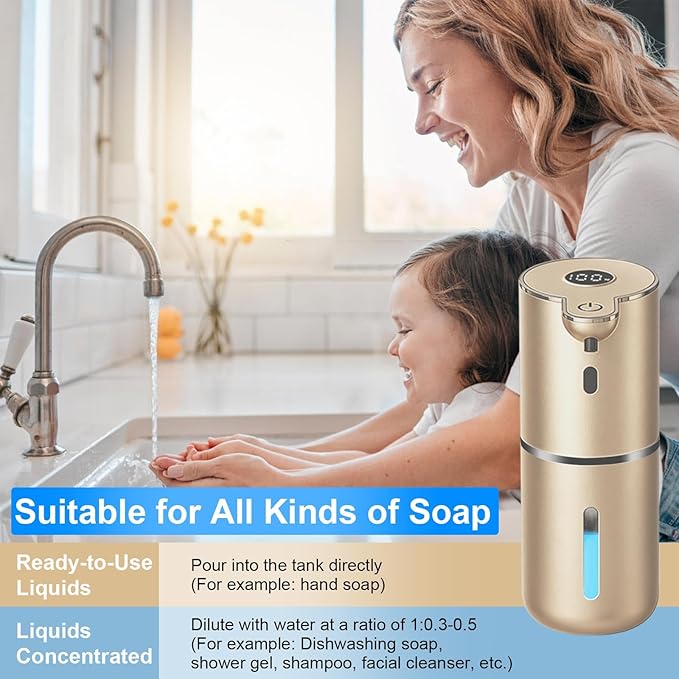 OHIFAST Automatic Liquid Soap Dispenser Touchless, USB Rechargeable Smart Hand Soap Dispenser, 6-Level Adjustable, 12.8oz/380mL Wall Mounted for Bathroom Kitchen Accessories Dish Soap-Gold
